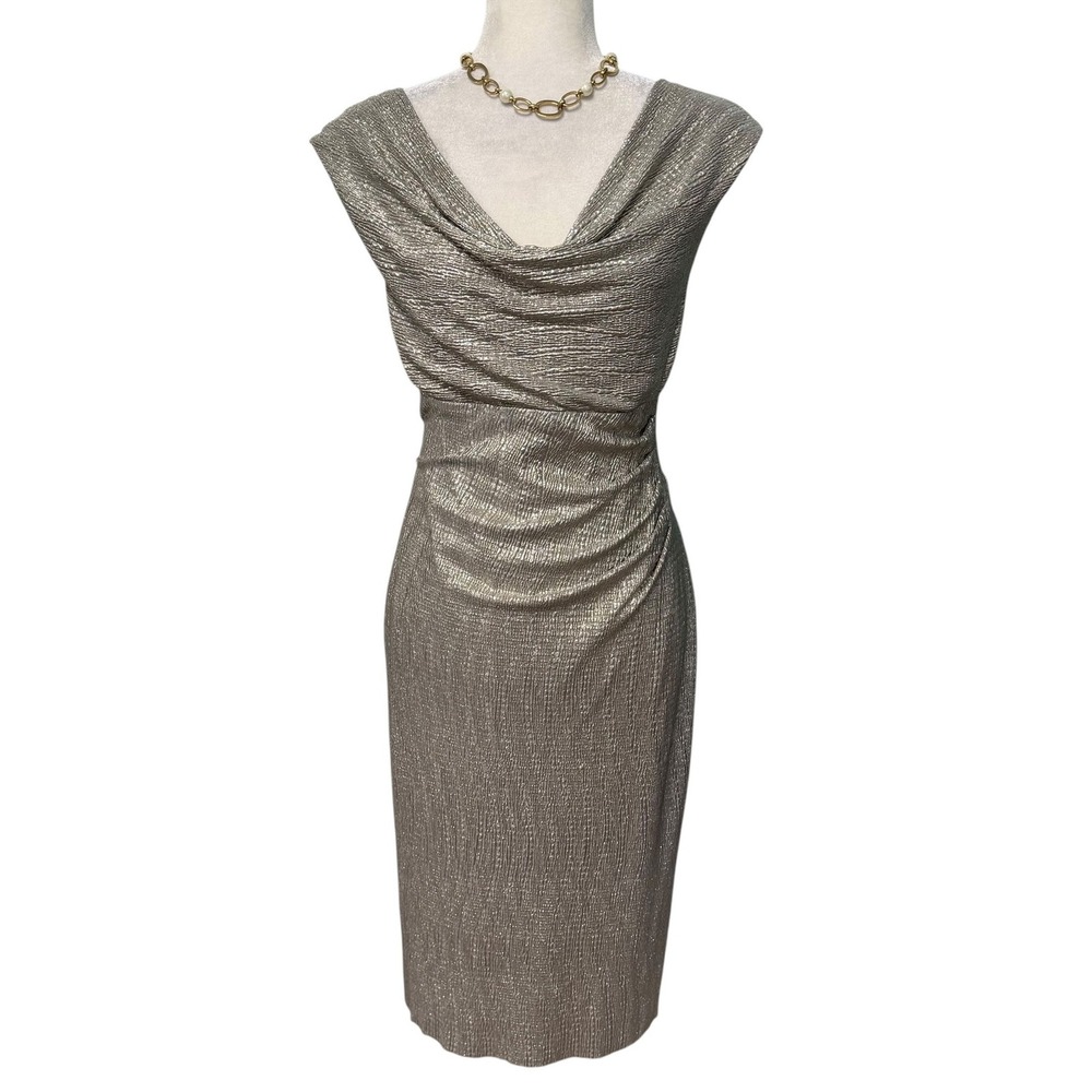 Womens 10 Ruched Dress Silver Sheath Metallic Cowl Neck Cocktail Wedding Guest